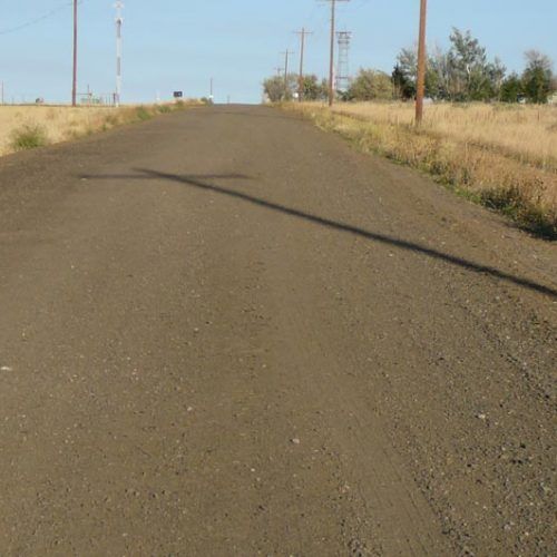 A dirt road with telephone poles on both sides