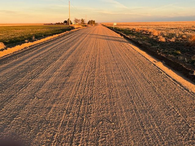 Dirt road stretches towards horizon, between fields, under a sunset sky.