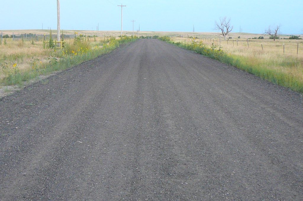 A dirt road in the middle of a field