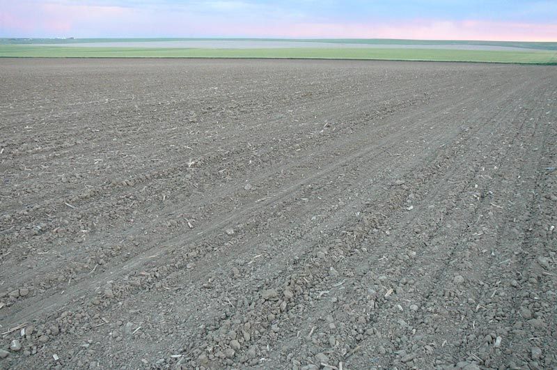 A large empty field with a sunset in the background.