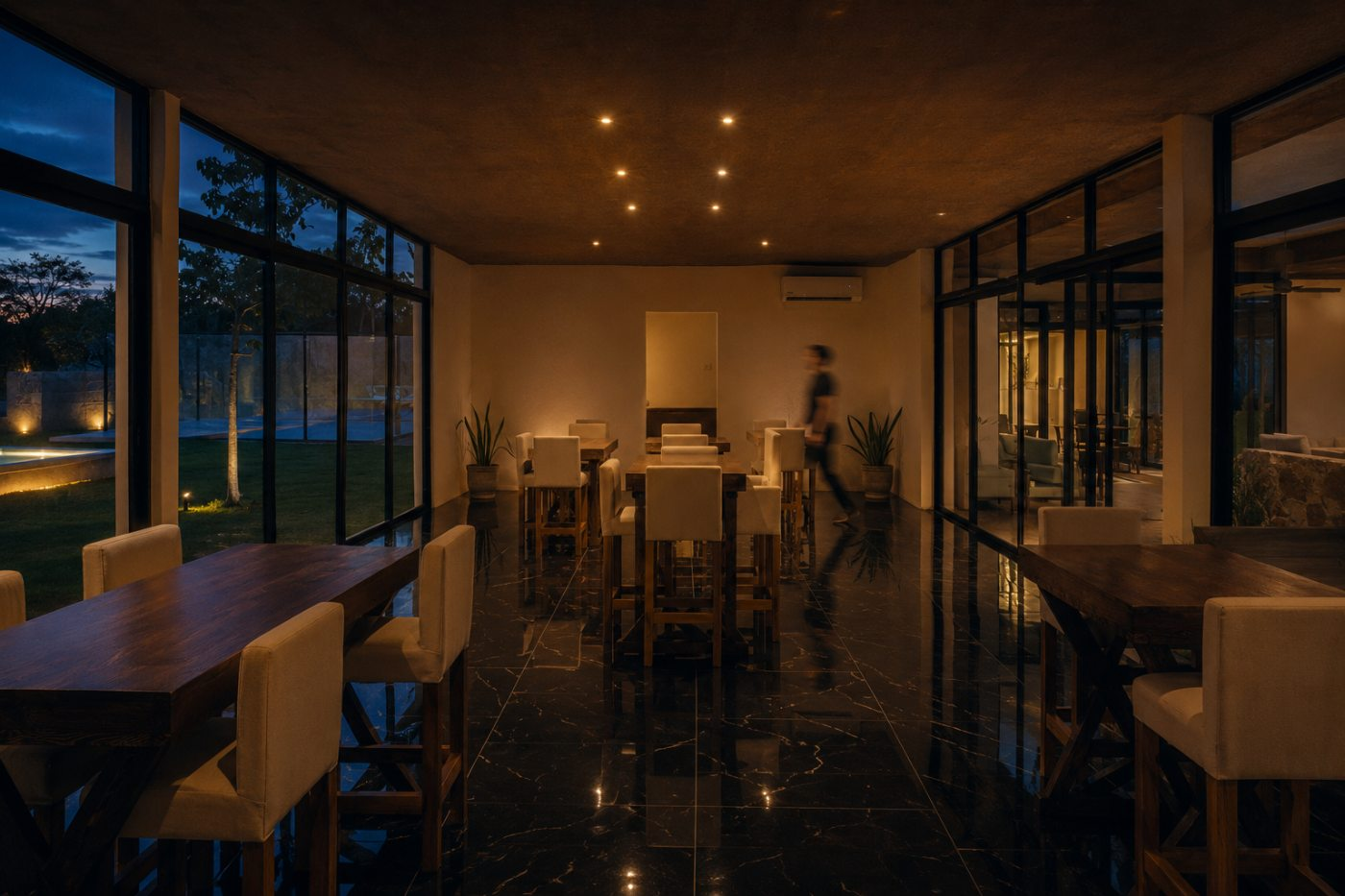 Restaurante y bar de la casa club de Salama al anochecer
