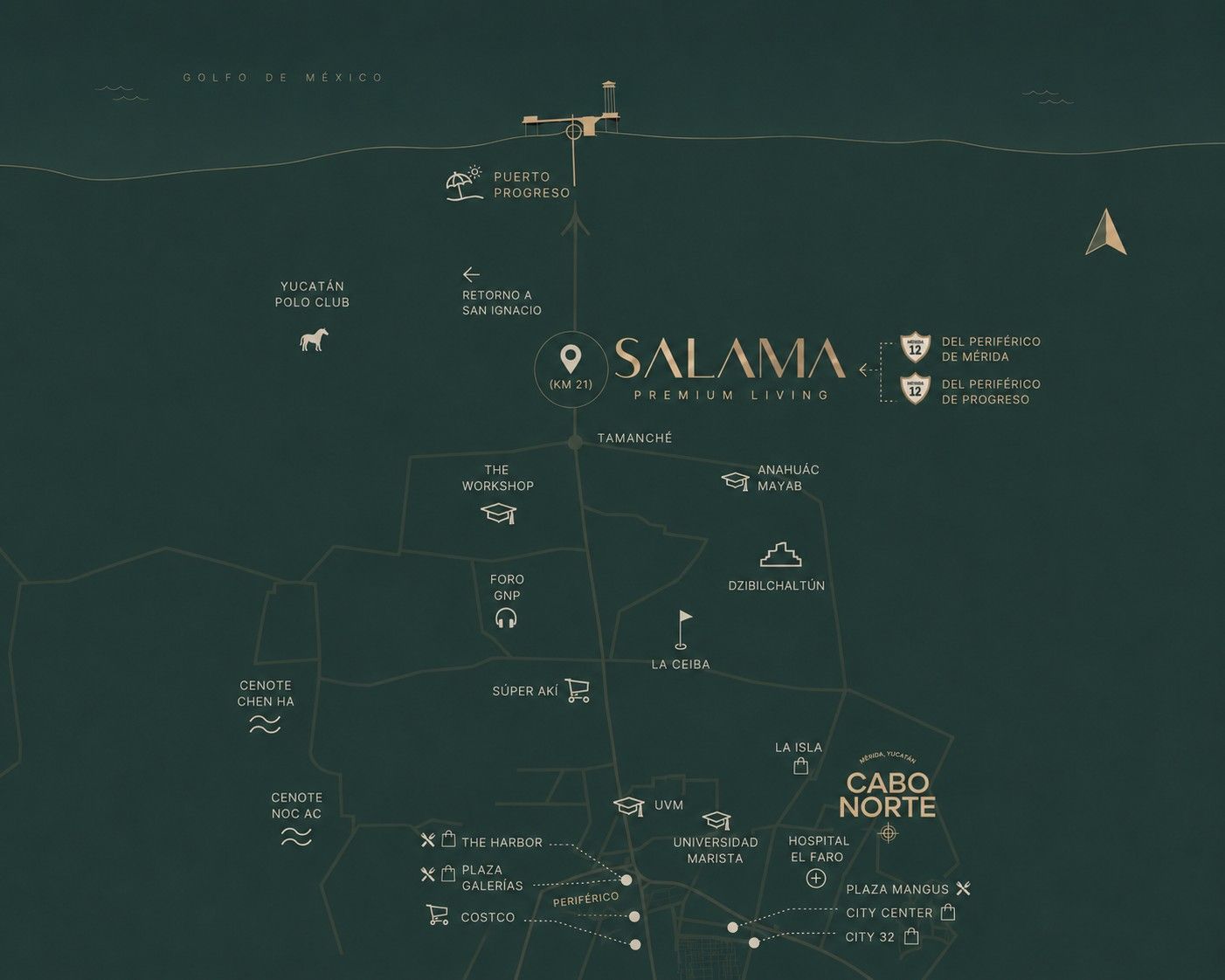 Mapa de ubicación de Salama en el corredor Mérida–Progreso, km 21