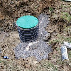 A septic tank with a green lid is sitting in the dirt.
