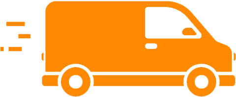 Orange delivery van icon with motion lines.