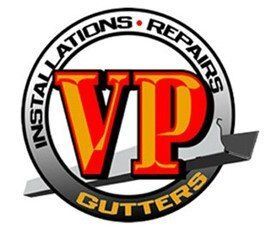 Logo for VP Gutters: circular emblem with "VP" in red and yellow; text "INSTALLATIONS REPAIRS" and "GUTTERS".