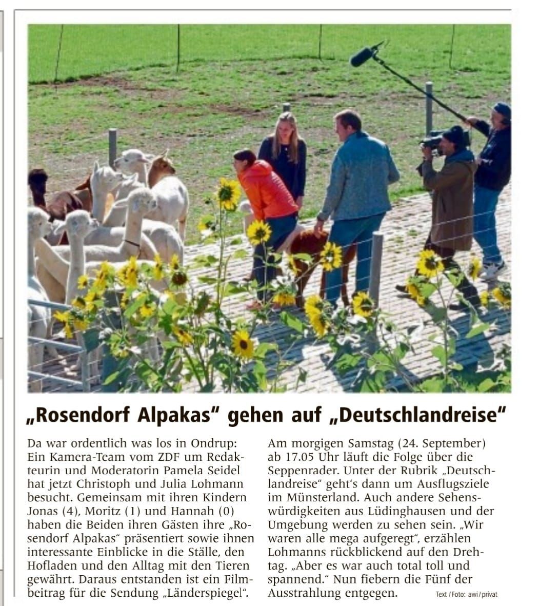 A newspaper article about rosendorf alpakas gehen auf deutschlandreise