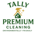 Logo for Tally Premium Cleaning: green text and house/spray bottle icon, "Environmentally Friendly."