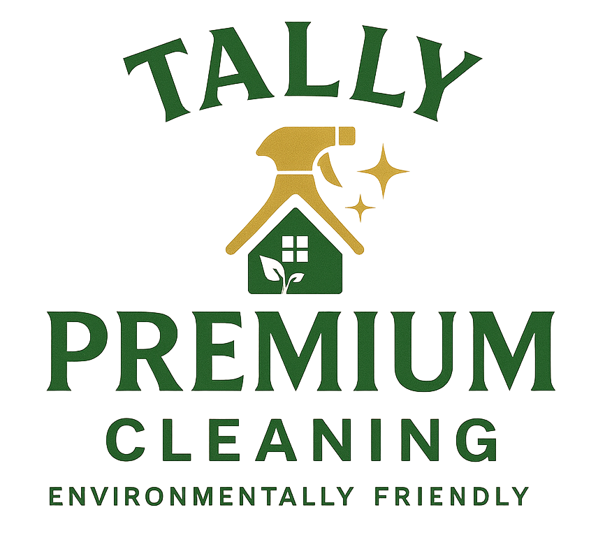 Logo for Tally Premium Cleaning: green text and house/spray bottle icon, "Environmentally Friendly."
