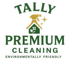 Logo for Tally Premium Cleaning: green text and house/spray bottle icon, "Environmentally Friendly."
