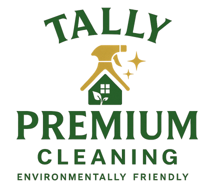 Logo for Tally Premium Cleaning: green text and house/spray bottle icon, "Environmentally Friendly."