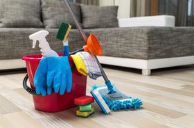 Cleaning supplies in a red bucket with a mop, sitting on a wooden floor in front of a couch.