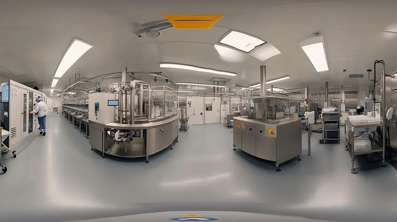 Person in blue gloves spraying and wiping a white surface with a pink cloth, likely cleaning.