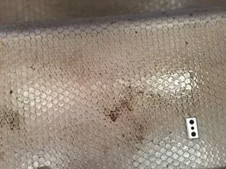 Close-up of a beige mesh surface with a small dark stain and a white three-hole tag on the right.