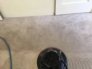 Black fan on beige carpet in front of a closed white door
