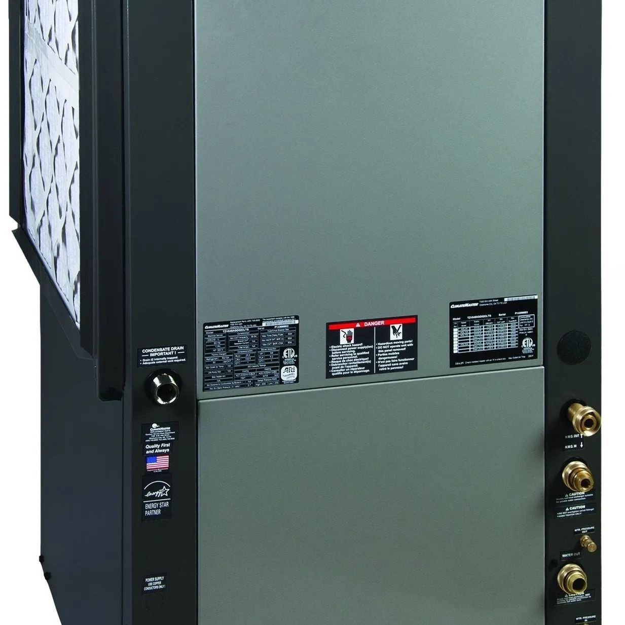 A gray HVAC unit with three warning labels and several connection points.