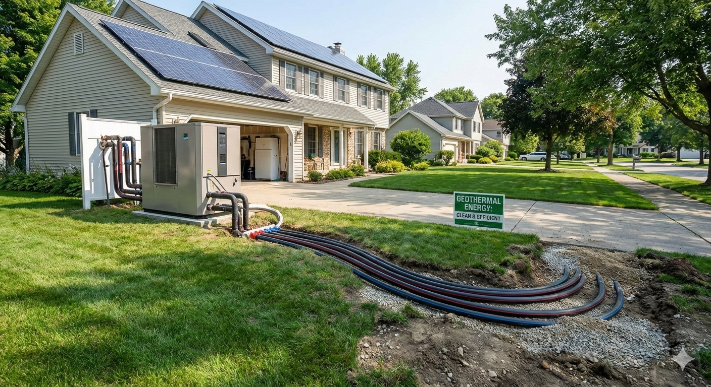 A person digs a trench in a backyard near a small excavator, a tree, and a house.
