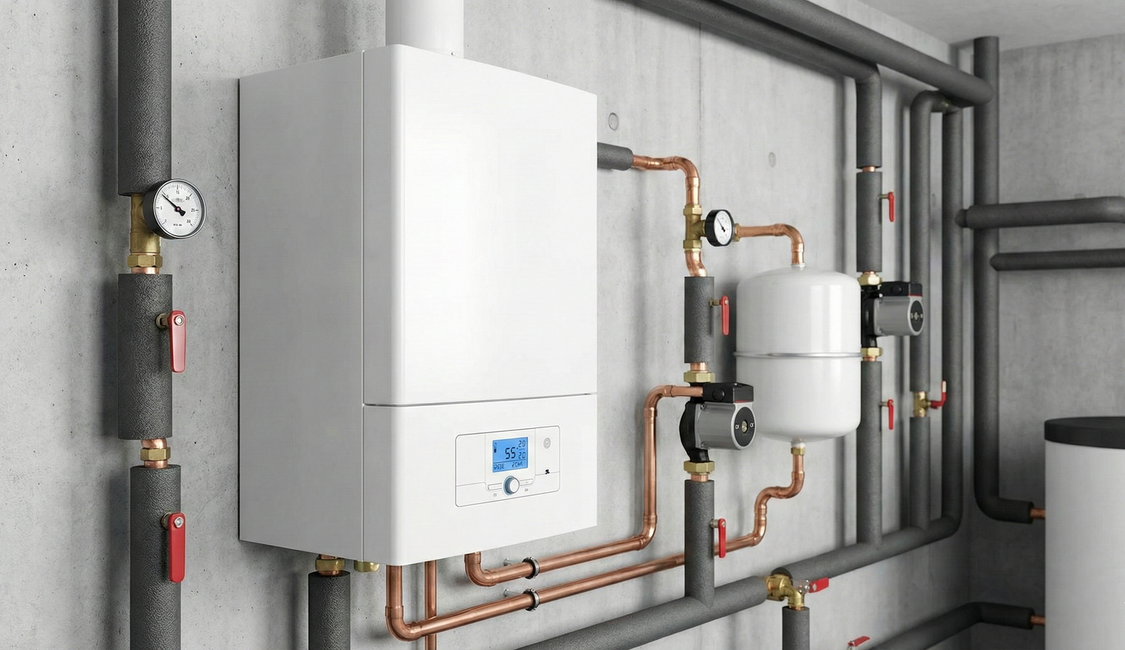 Furnace unit in a basement, with silver metal casing, vents, and ductwork.