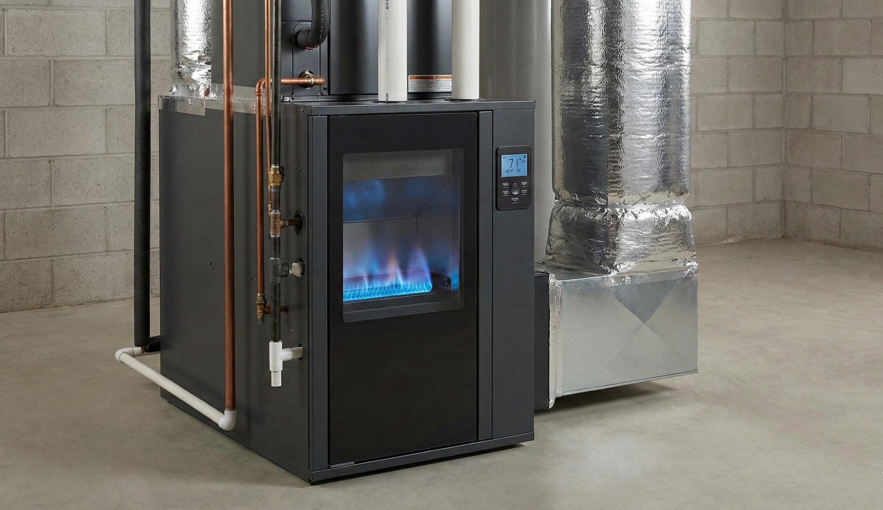 A person digs a trench in a backyard near a small excavator, a tree, and a house.