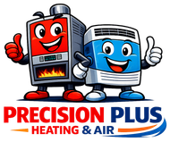 Cartoon heating unit and air conditioner smiling and giving thumbs up; company logo "Precision Plus Heating & Air".