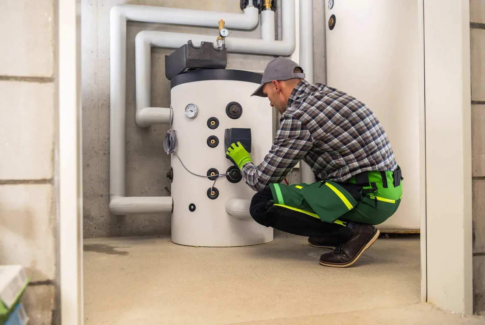 Two electricians working on an electrical panel outside a building. One holds a cable.