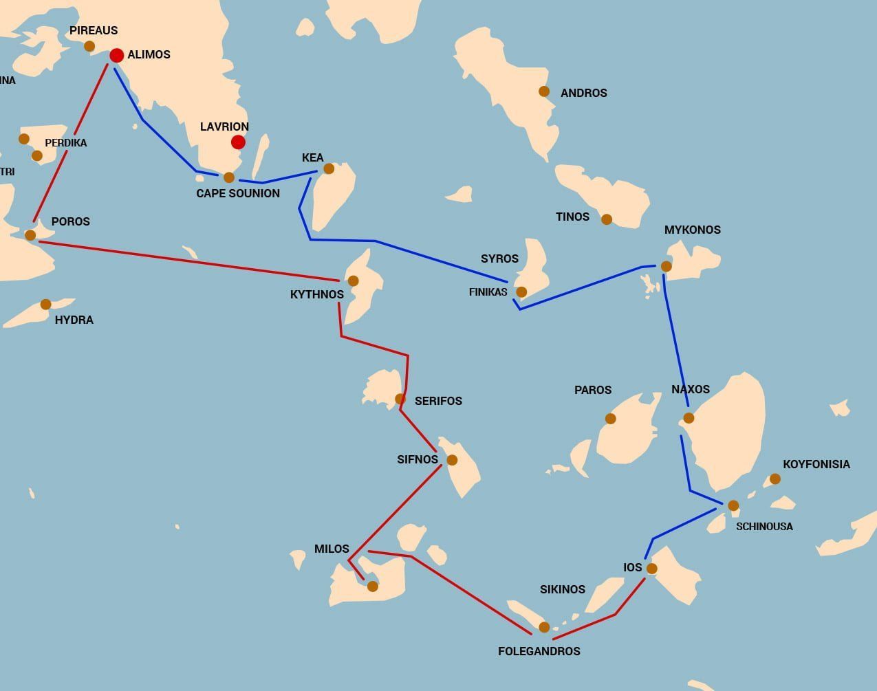 Cyclades sailing map showing routes, island distances, and travel times in Greece