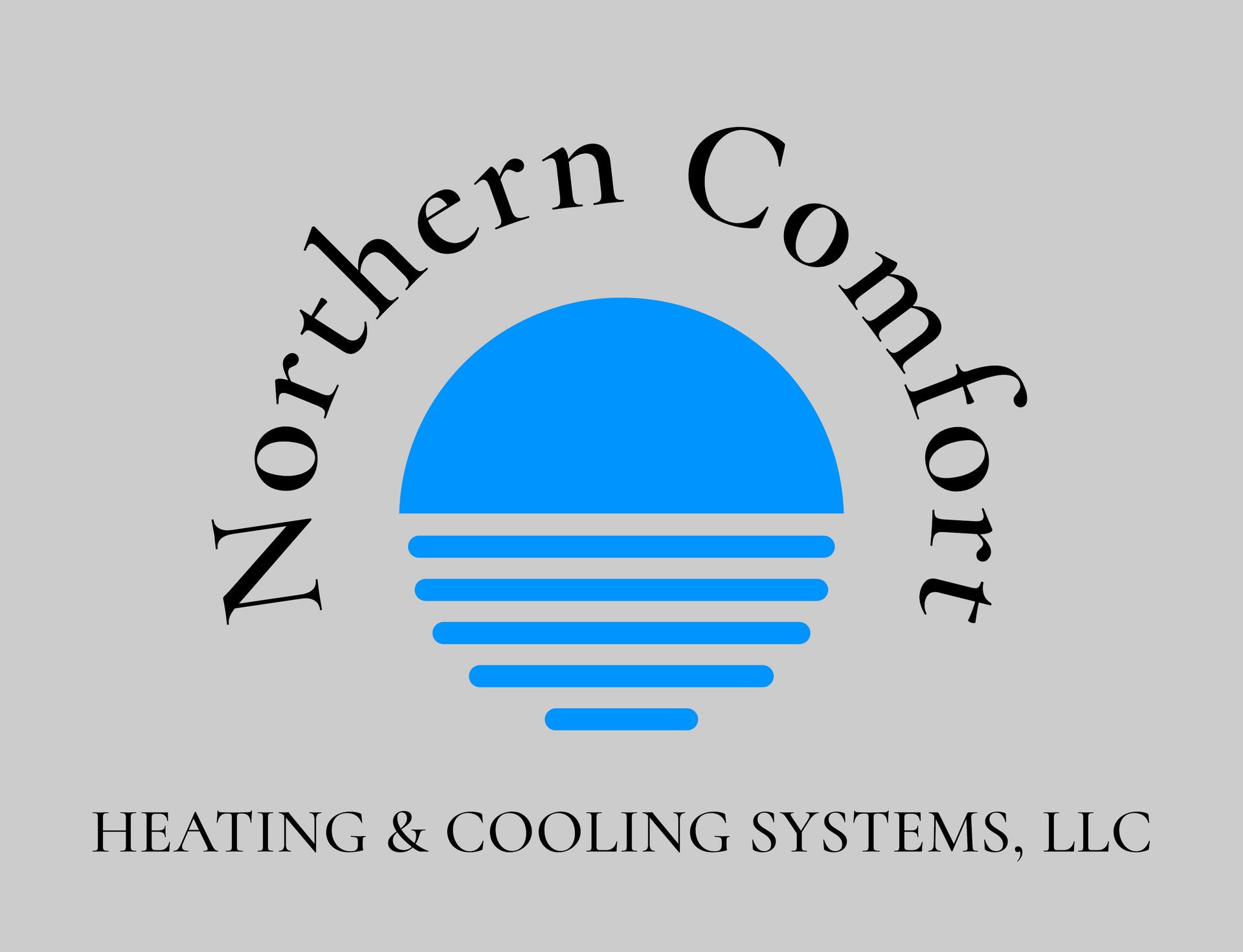 Logo for Northern Comfort Heating & Cooling Systems, LLC: Blue sun over horizontal blue lines with "Northern Comfort" arching above.