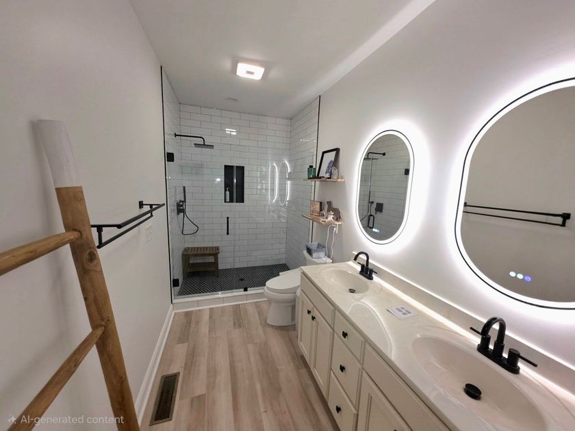 A modern bathroom with light wood flooring, a double vanity with backlit oval mirrors, and a glass-enclosed walk-in shower.