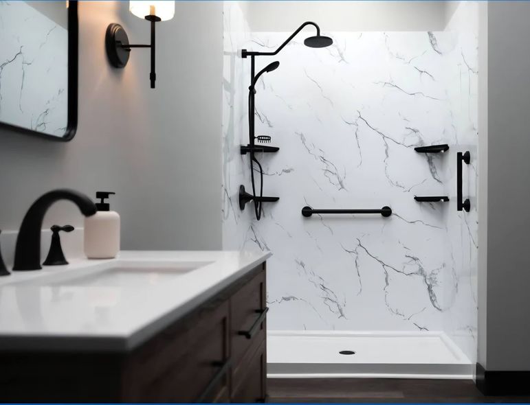 A modern bathroom featuring a white marble-look shower with black fixtures and grab bars, next to a dark wood vanity.