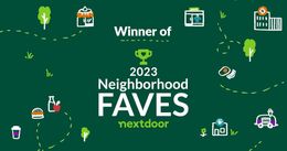 Green Nextdoor banner reading “Winner of 2023 Neighborhood FAVES” with small neighborhood icons.