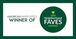 American Paper Optics winner of 2024 Neighborhood Faves Nextdoor badge on green background