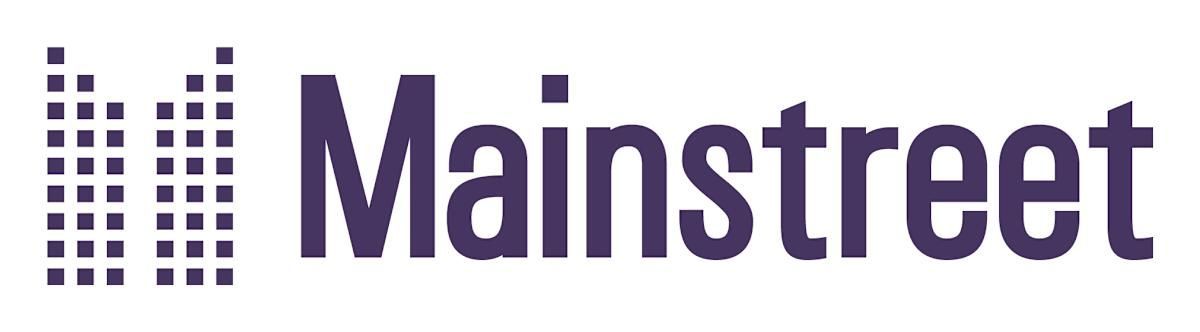 Logo for Mainstreet: purple text with two graphic columns of small purple squares.