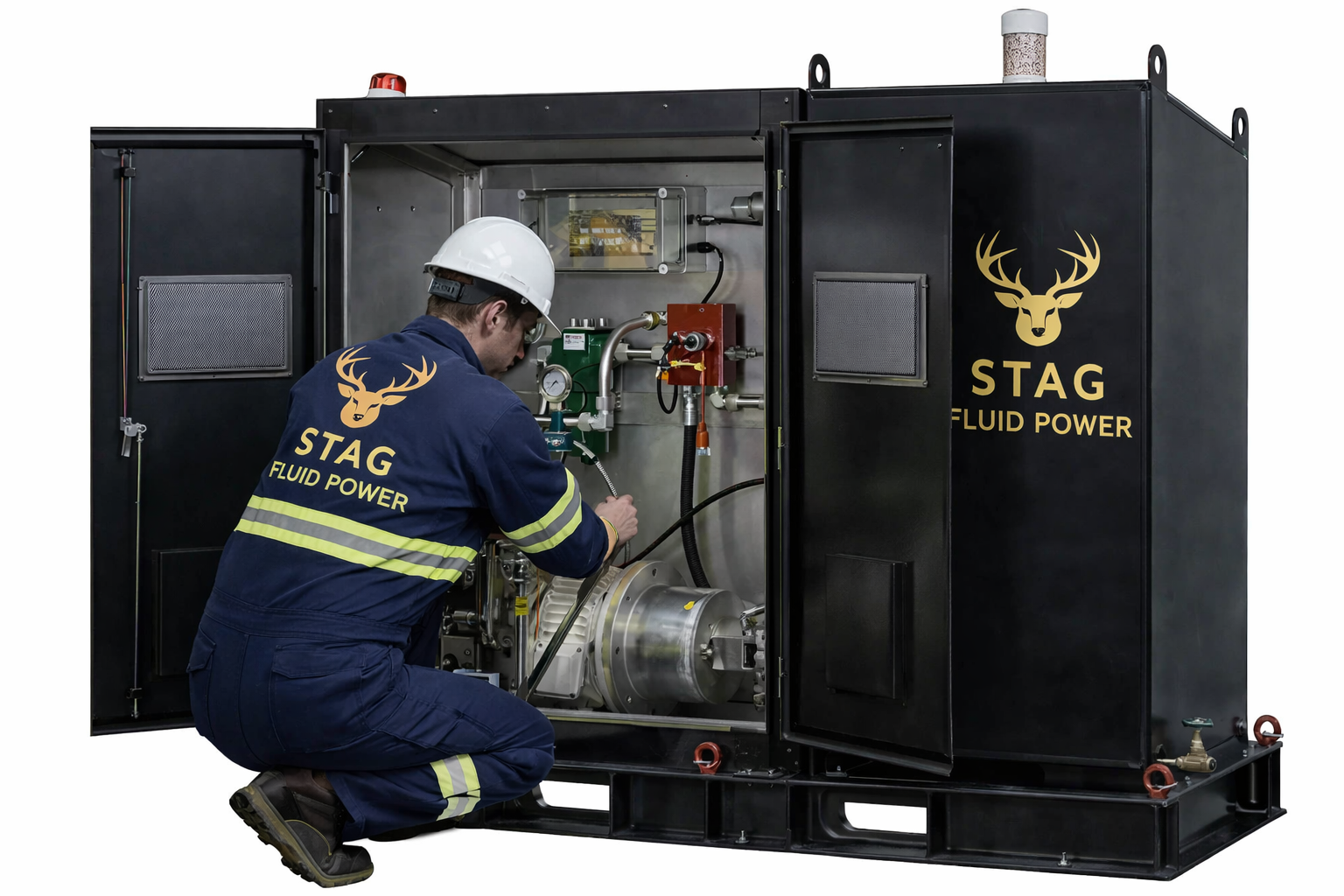 tag Fluid Power technician setting up hydraulic power unit for client project