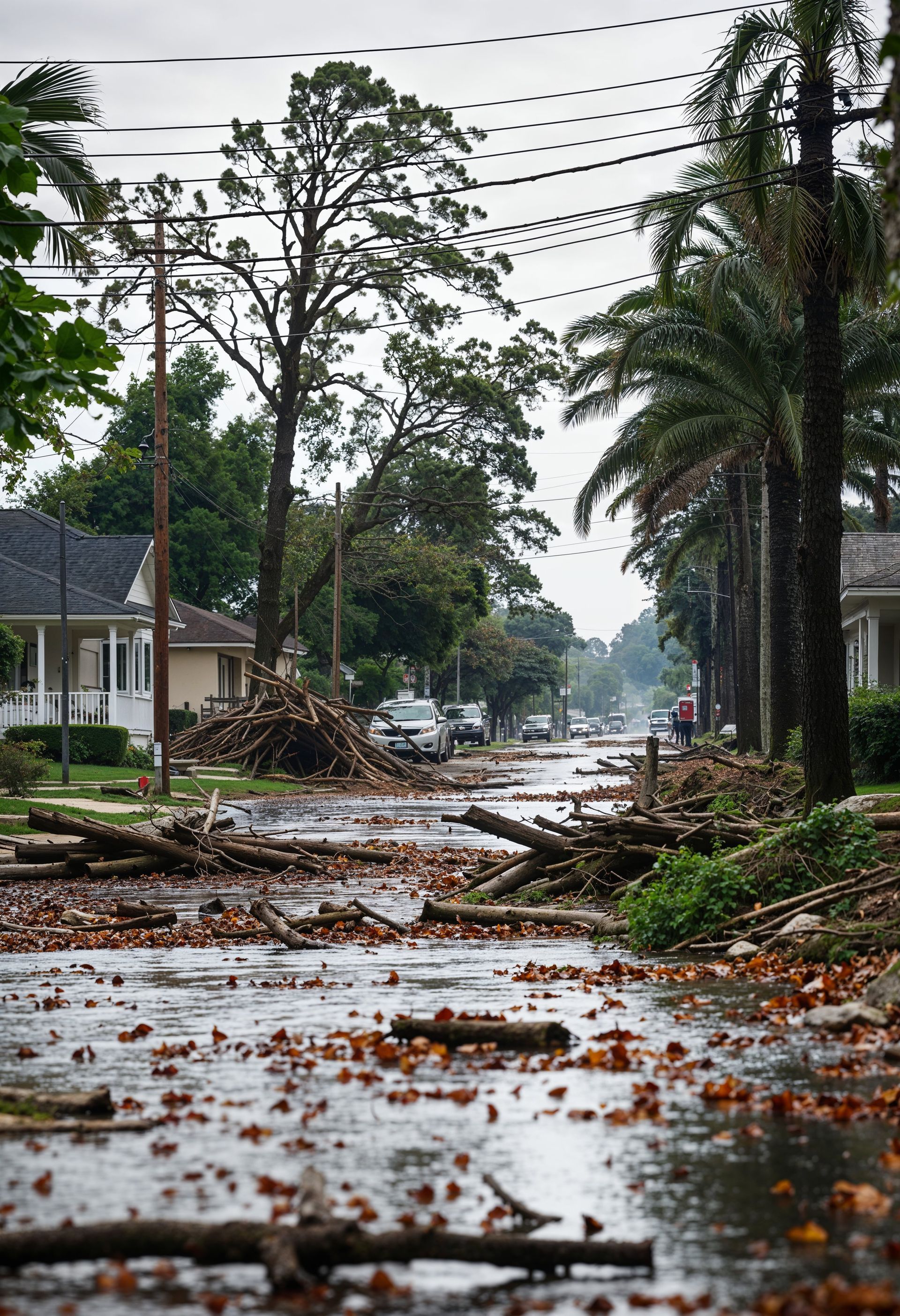 A flooded street with fallen trees and power lines