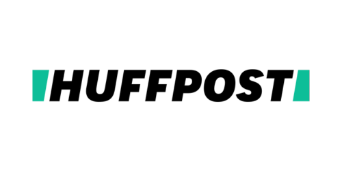 HuffPost logo with "HUFFPOST" in black letters and teal rectangles at the beginning and end.