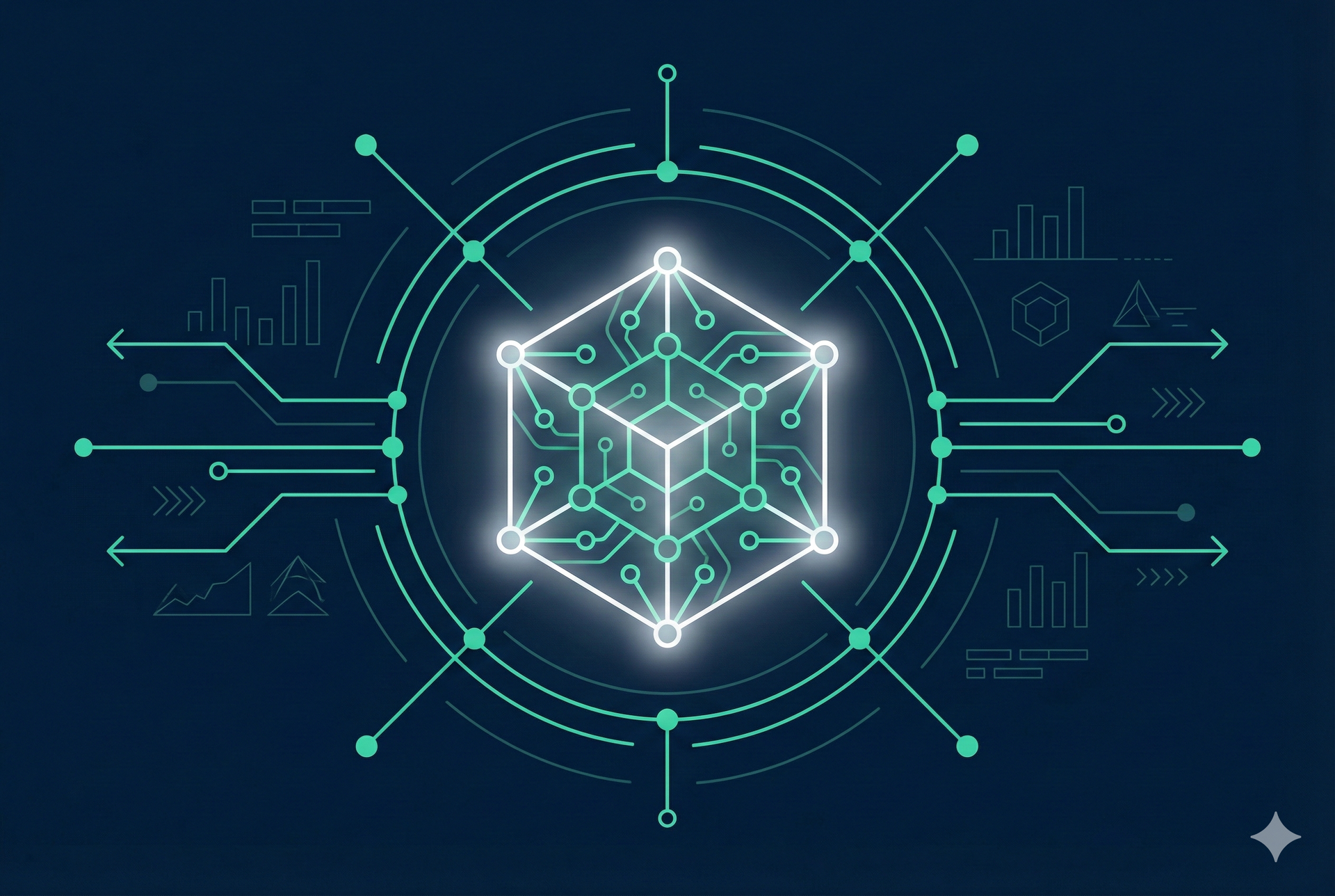 Glowing geometric cube with circuit board elements on a dark blue background, symbolizing technology or data.