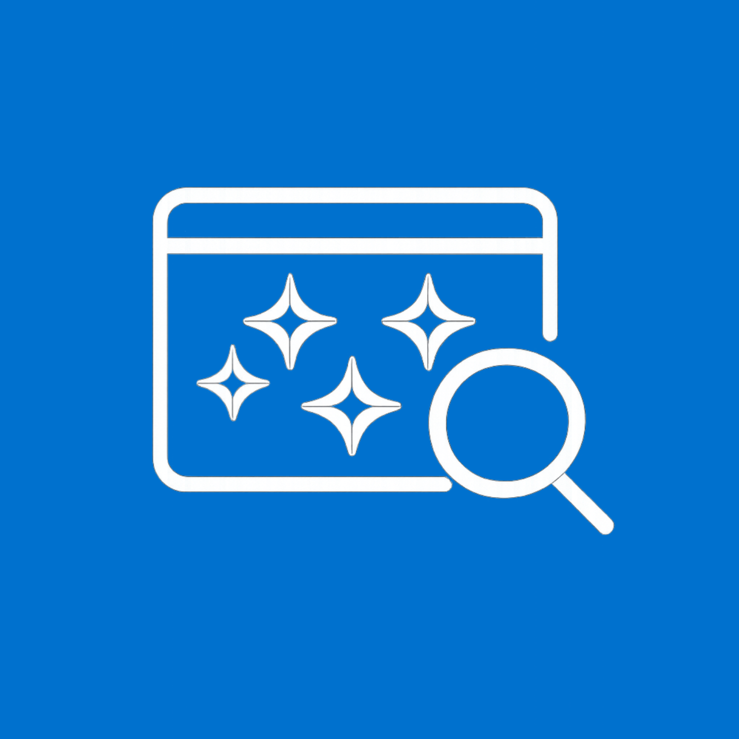Browser window with sparkling elements, magnified by a search icon.