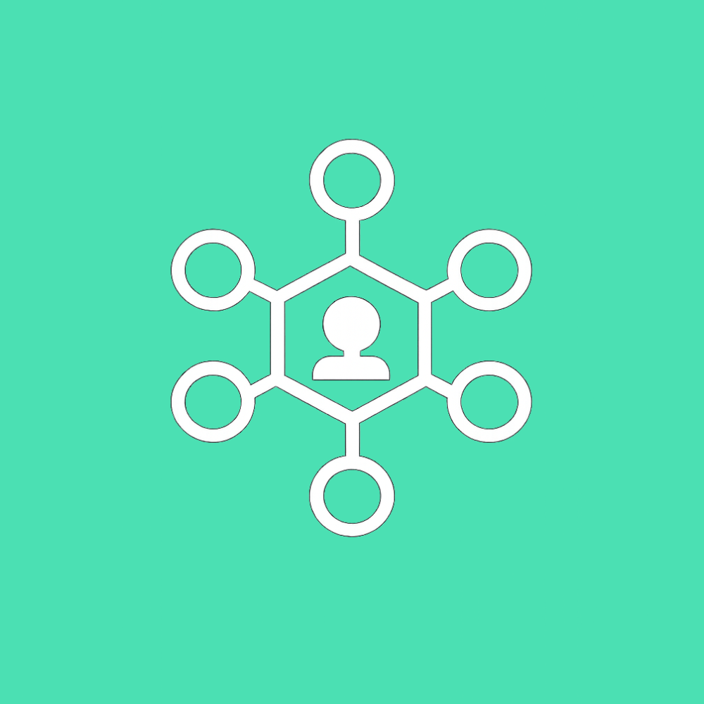 Turquoise person icon inside a hexagon connected to six surrounding circles on a dark blue background.