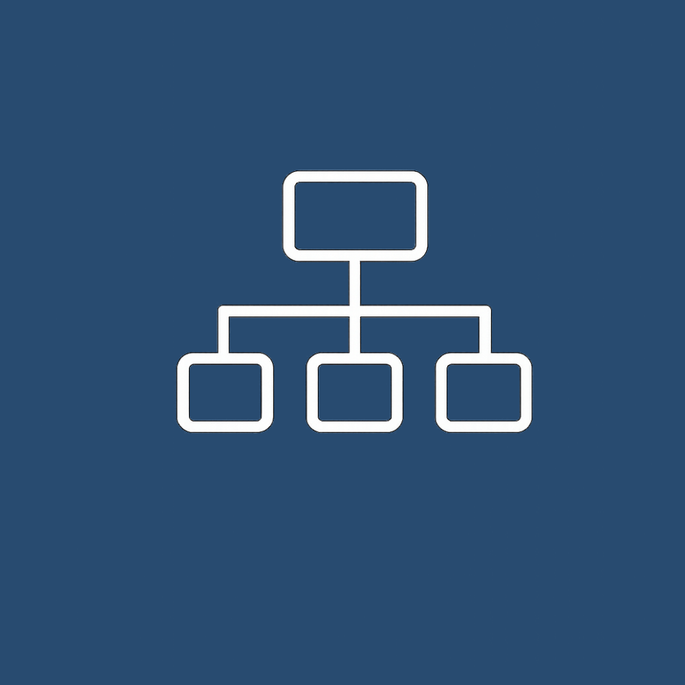 Diagram of a structure with one top square connected to three bottom squares by lines, teal on a dark blue background.