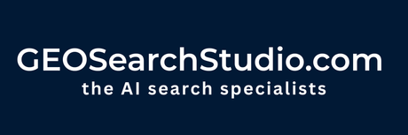 GEOSearchStudio.com logo with white text on a dark blue background; tagline 