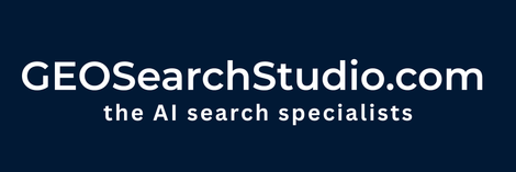 GEO Search Studio logo with white text on a dark blue background. The text reads: GEOsearchstudio.com,