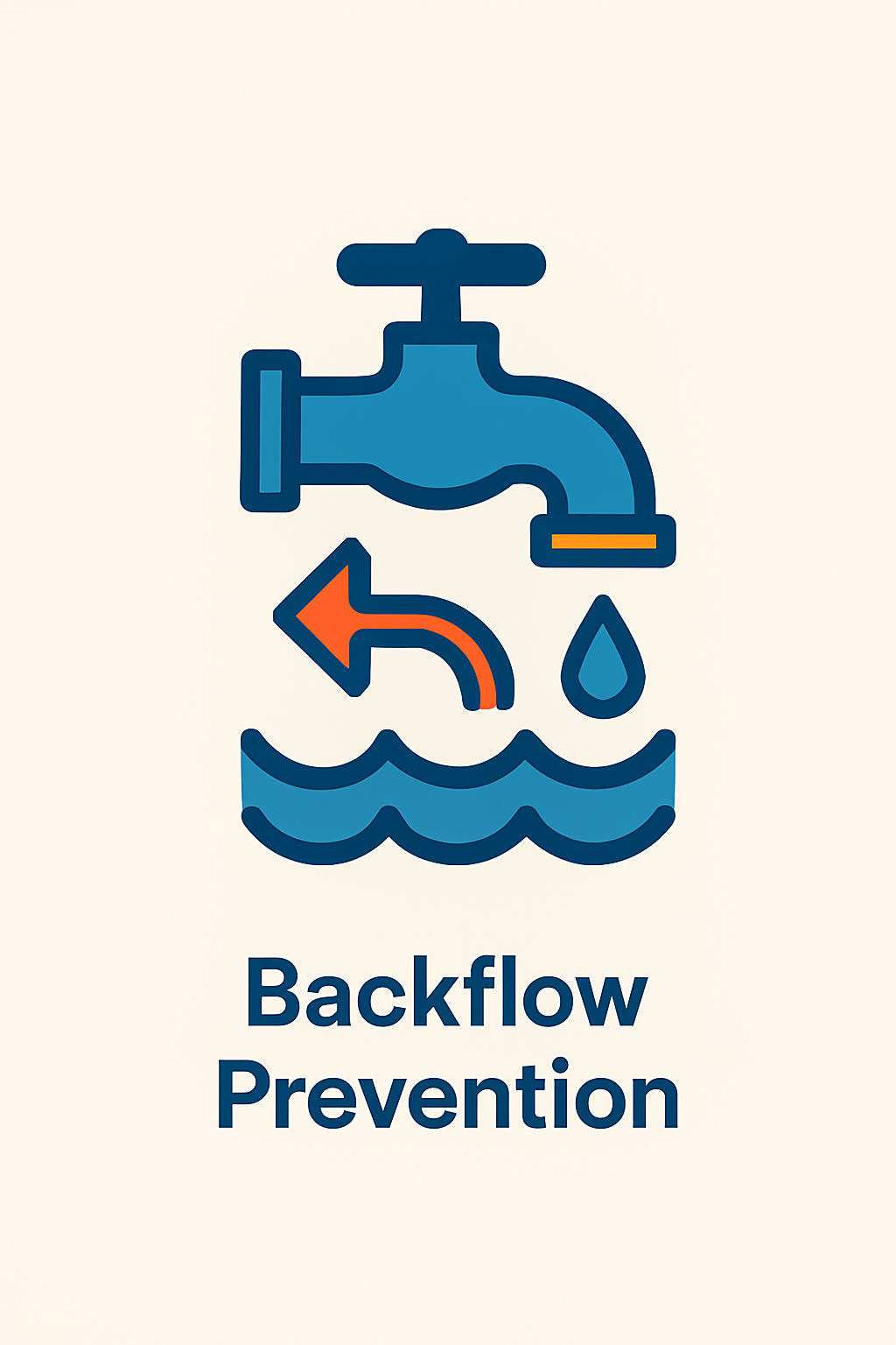 Blue faucet with water droplet, orange arrow indicates backflow, waves below. Text: Backflow Prevention.