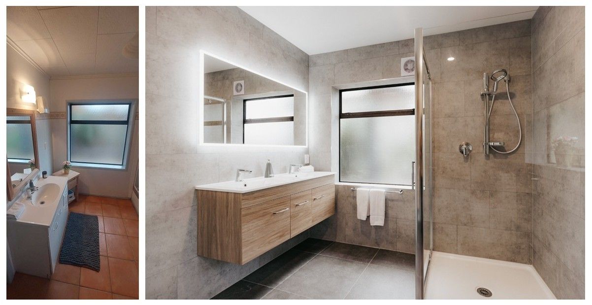 Bathroom comparison: before (left), after (right). The remodeled bathroom features a modern vanity, large mirror, and walk-in shower.