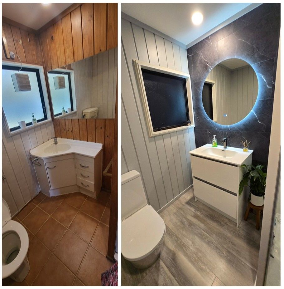 Bathroom remodel: Before and after. Old wood paneling and vanity transformed to light gray with modern white fixtures.