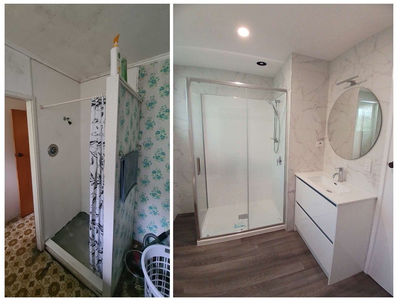 Bathroom renovation: Before-and-after. Old, dated bathroom versus modern, updated space with a glass shower.