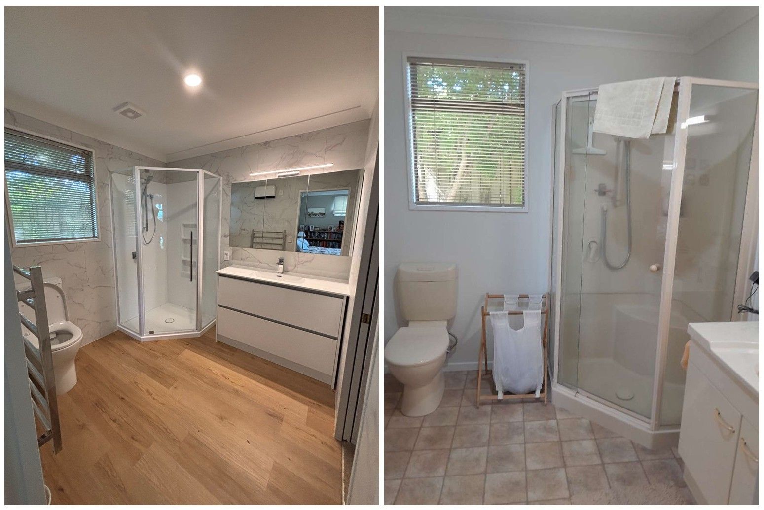 Two bathrooms, one with wood floor, one with tile. Both have toilets, showers, and sinks.
