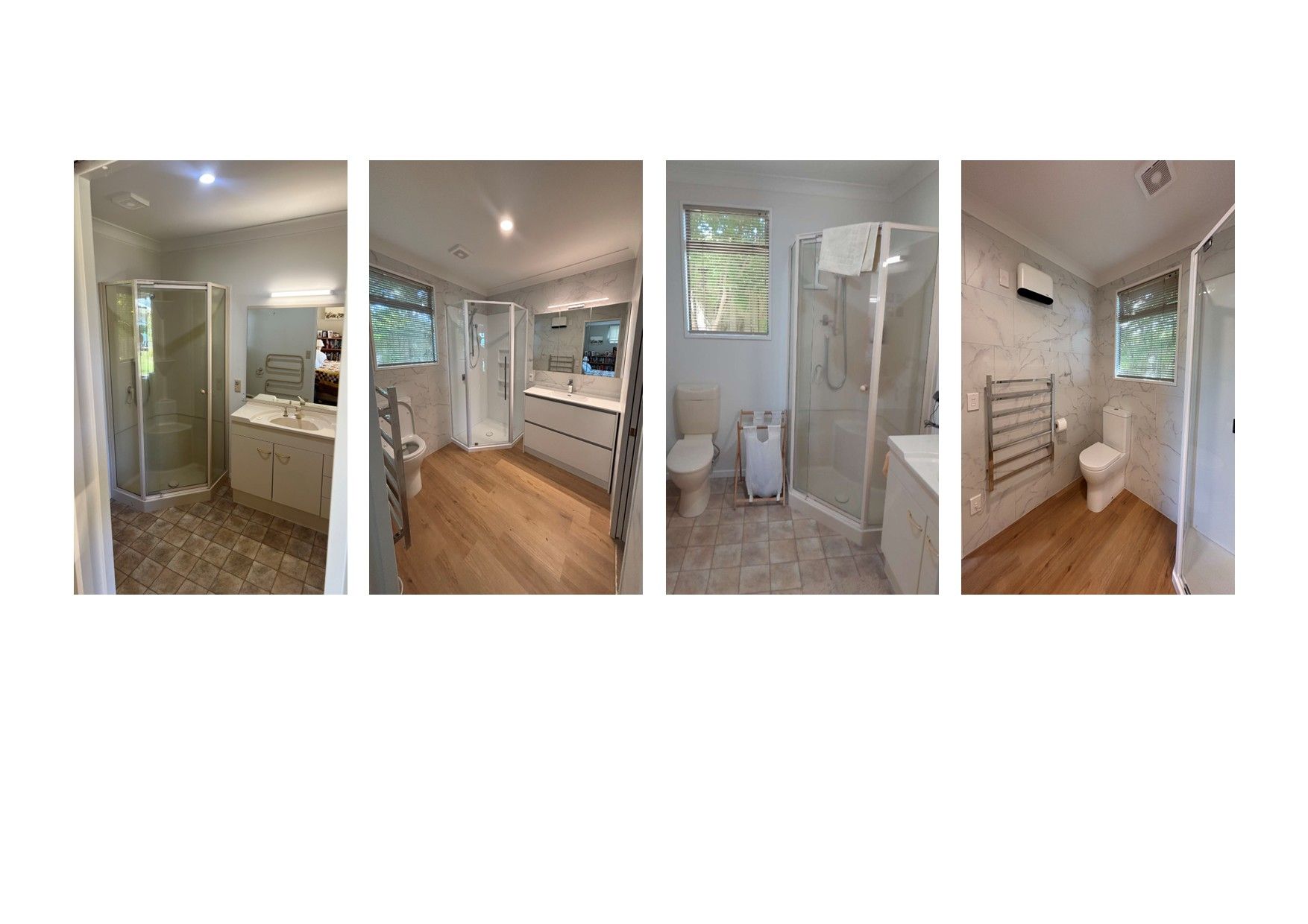 Four angles of a renovated bathroom with a shower, toilet, sink, and light-colored wood floors.