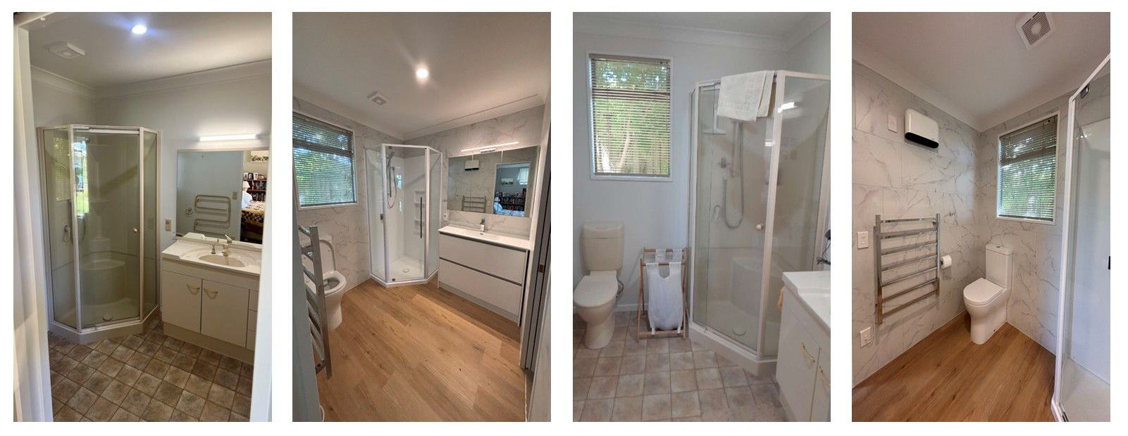 Four bathroom interior views with showers, toilets, and vanities.