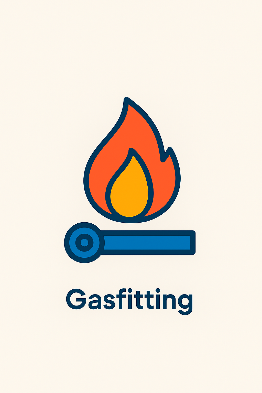 Gasfitting icon: Flame above blue gas pipe, orange and yellow fire.