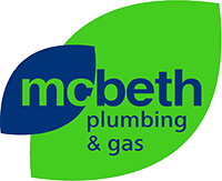 Logo for McBeth Plumbing & Gas: Green leaf shape with blue accent, text "mcbeth" in green, "plumbing & gas" in dark grey.