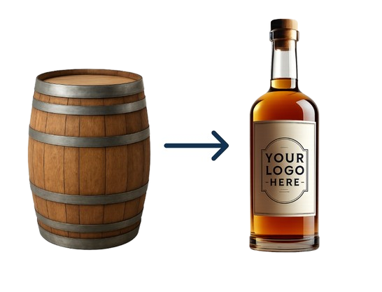 A wooden barrel next to a bottle that says your logo here